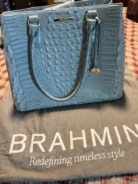 Brahmin Light Blue Croc-Embossed Leather Tote